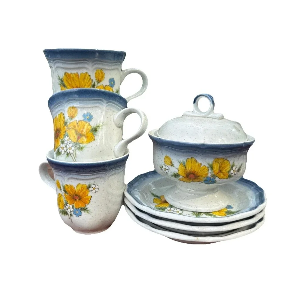 VTG Mikasa Country Club AMY 3 Teacups Saucers‎ Creamer Japan Blue Yellow Flowers